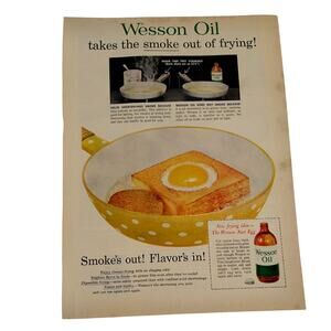 1958 Wesson Oil Ad Smoke’s Out Flavor’s In Yellow Pan Nest Egg Kitchen Print Ad